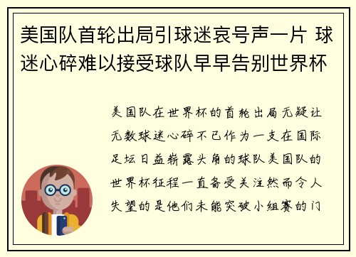 美国队首轮出局引球迷哀号声一片 球迷心碎难以接受球队早早告别世界杯