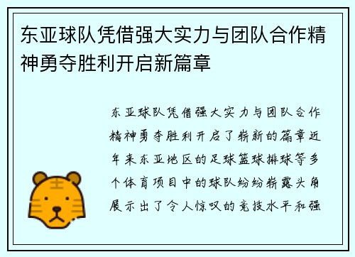 东亚球队凭借强大实力与团队合作精神勇夺胜利开启新篇章