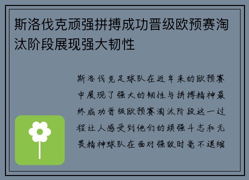 斯洛伐克顽强拼搏成功晋级欧预赛淘汰阶段展现强大韧性