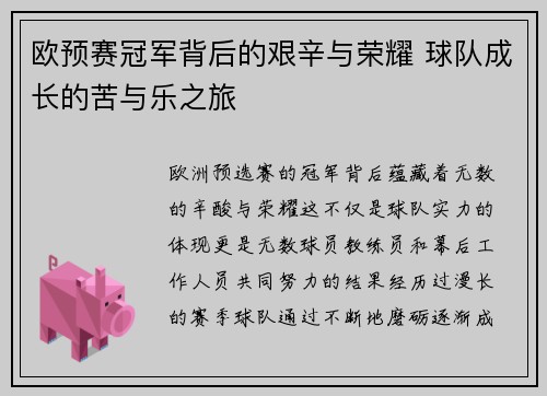 欧预赛冠军背后的艰辛与荣耀 球队成长的苦与乐之旅