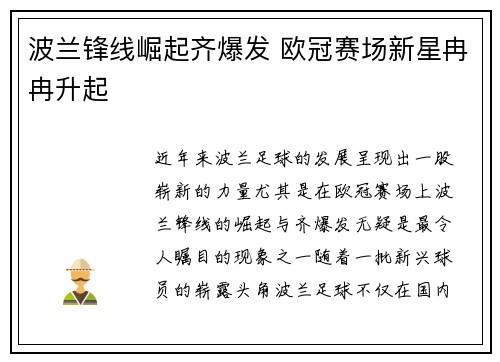 波兰锋线崛起齐爆发 欧冠赛场新星冉冉升起