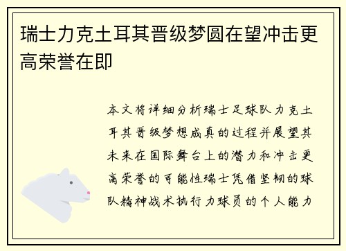 瑞士力克土耳其晋级梦圆在望冲击更高荣誉在即