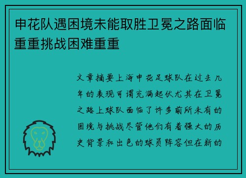 申花队遇困境未能取胜卫冕之路面临重重挑战困难重重