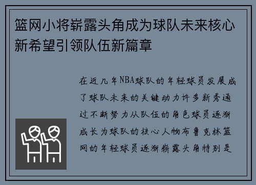 篮网小将崭露头角成为球队未来核心新希望引领队伍新篇章